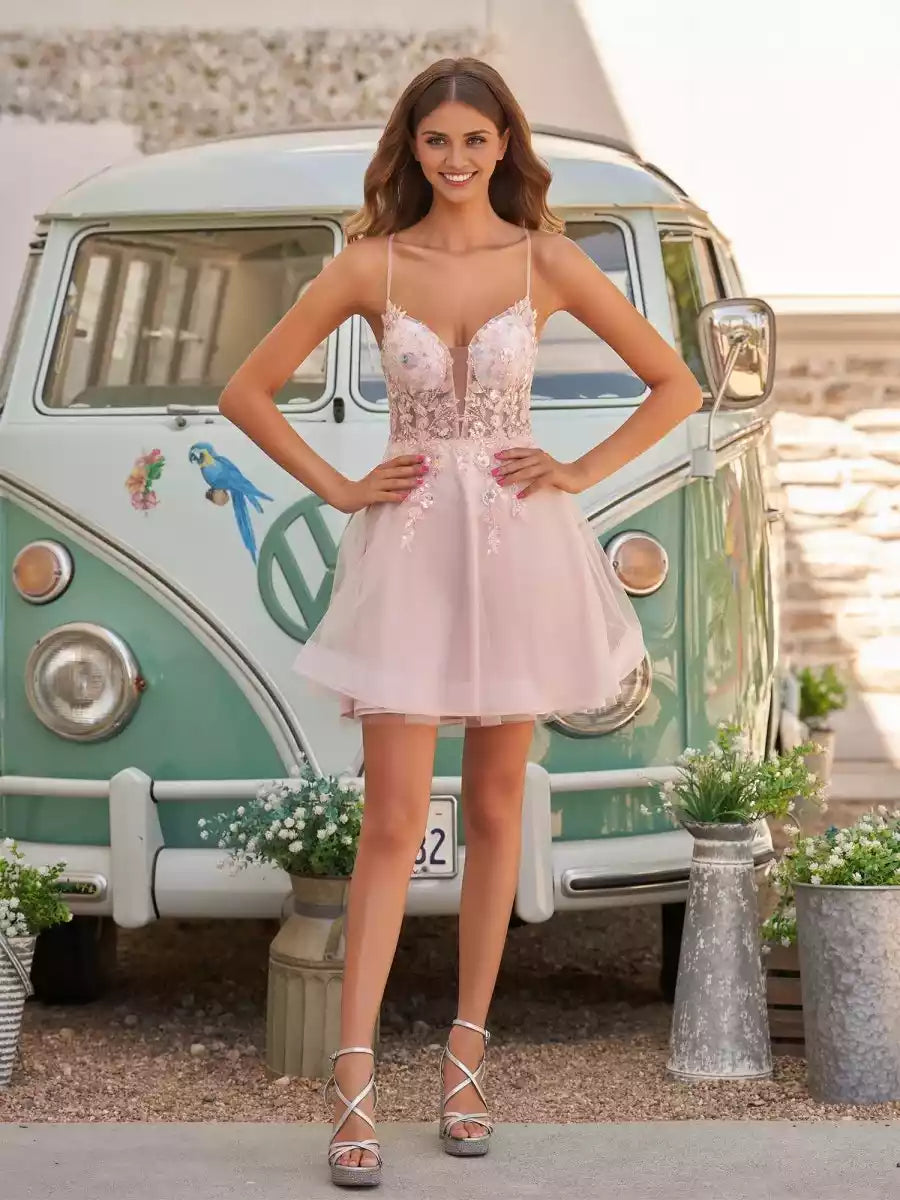 Dreamy A-line mini chiffon V-neck sleeveless silhouette sequin decal bead tie back Homecoming Dresses